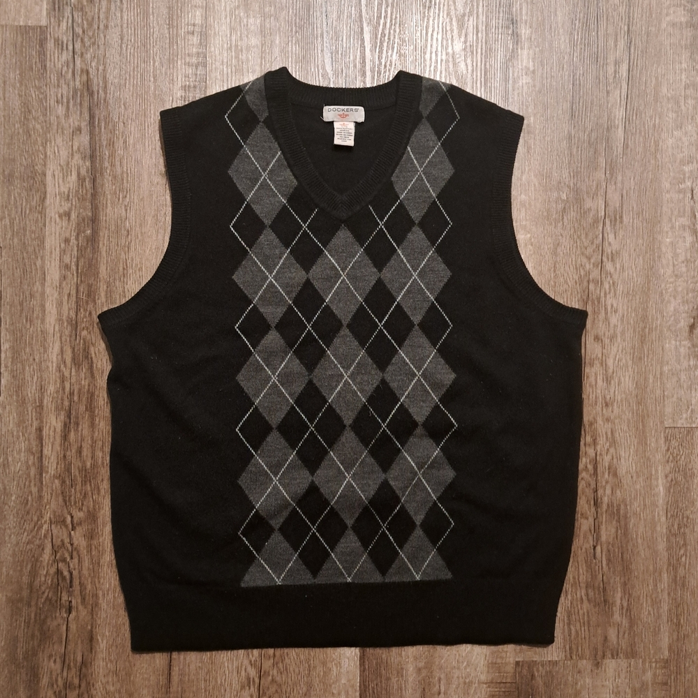 Dockers Black And Gray Preppy V-neck Argyle Sweater Vest Size Laege